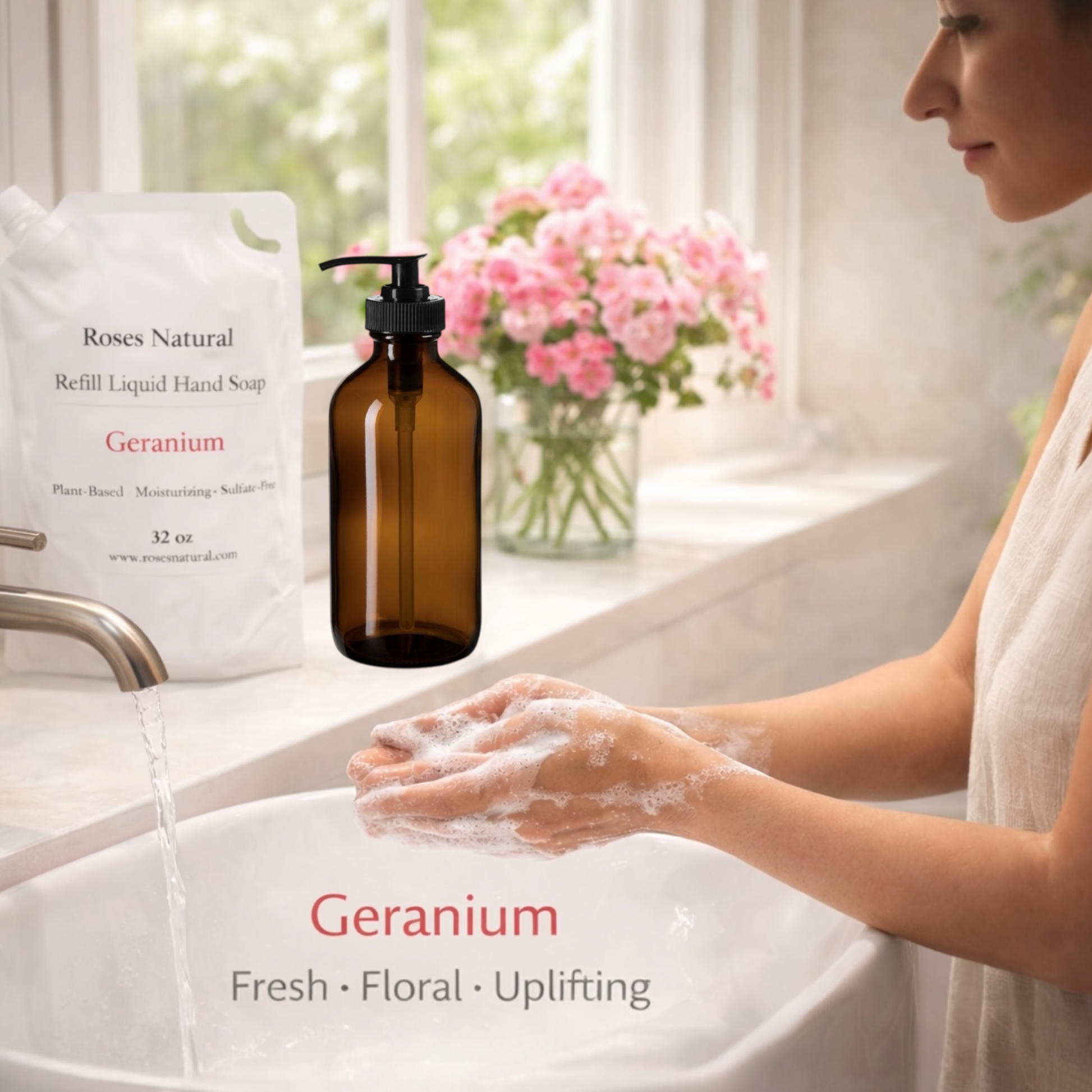 Person washing hands with Geranium-scented soap in a bathroom setting.