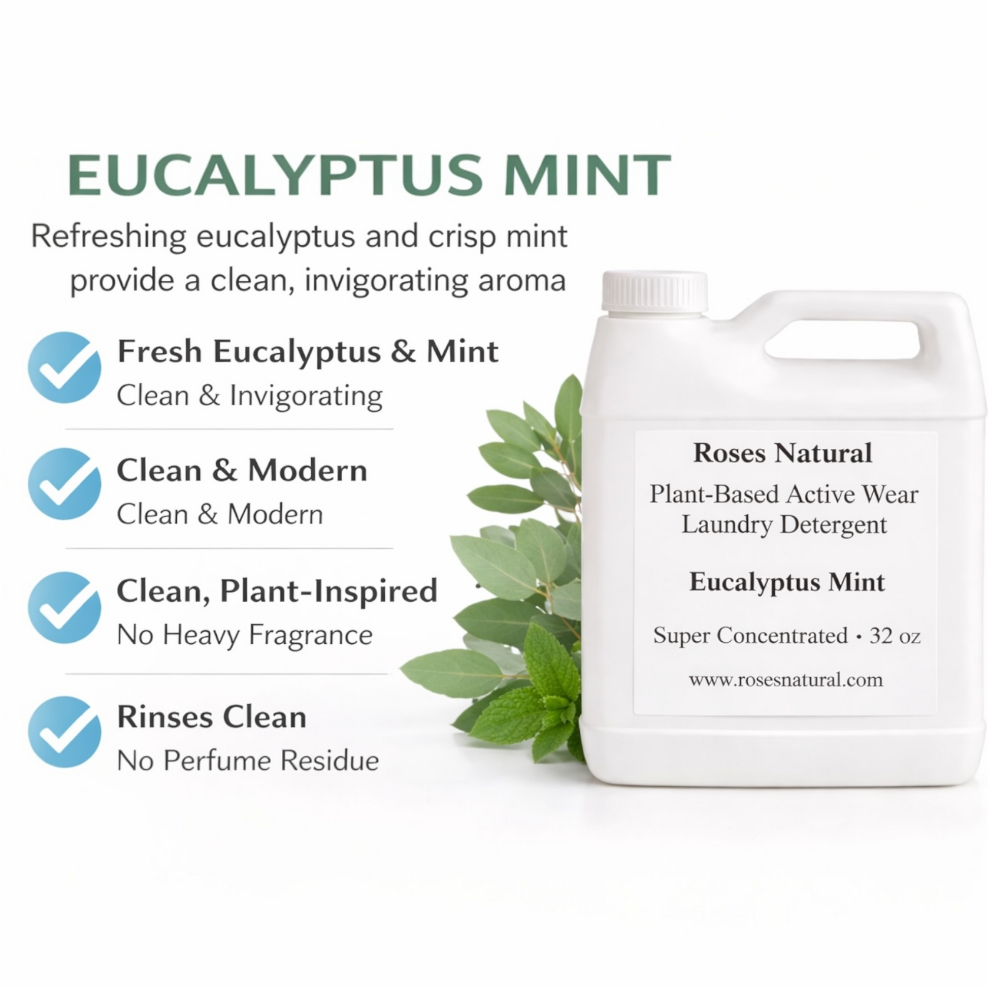 Roses Natural Eucalyptus Mint laundry detergent with product details on a white background