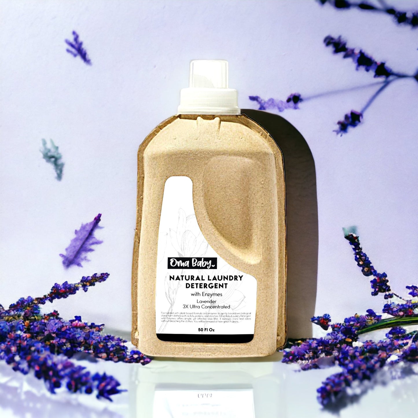 Bottle of natural laundry detergent with lavender flowers in the background