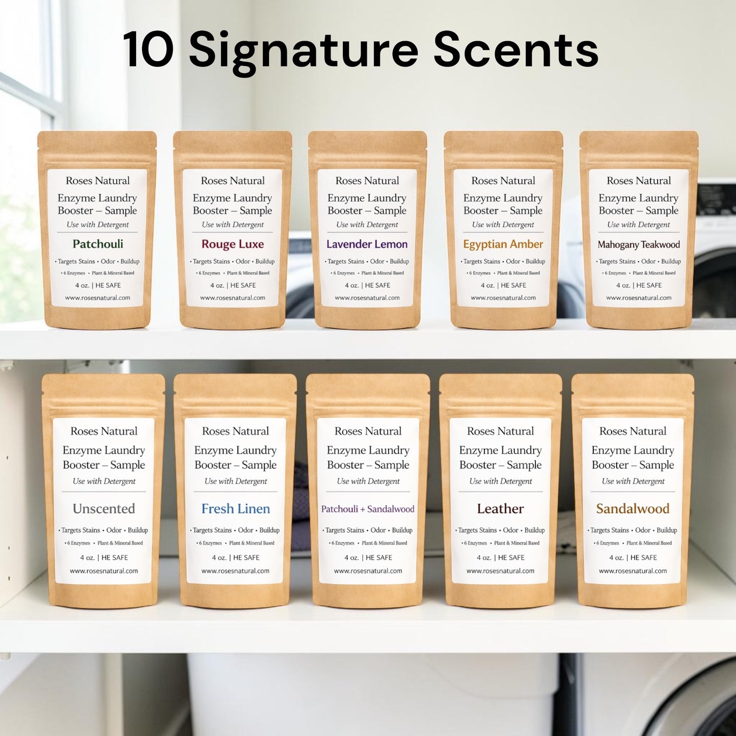 Row of sample packages of Roses Natural Enzyme Laundry Booster with various scents on a shelf.