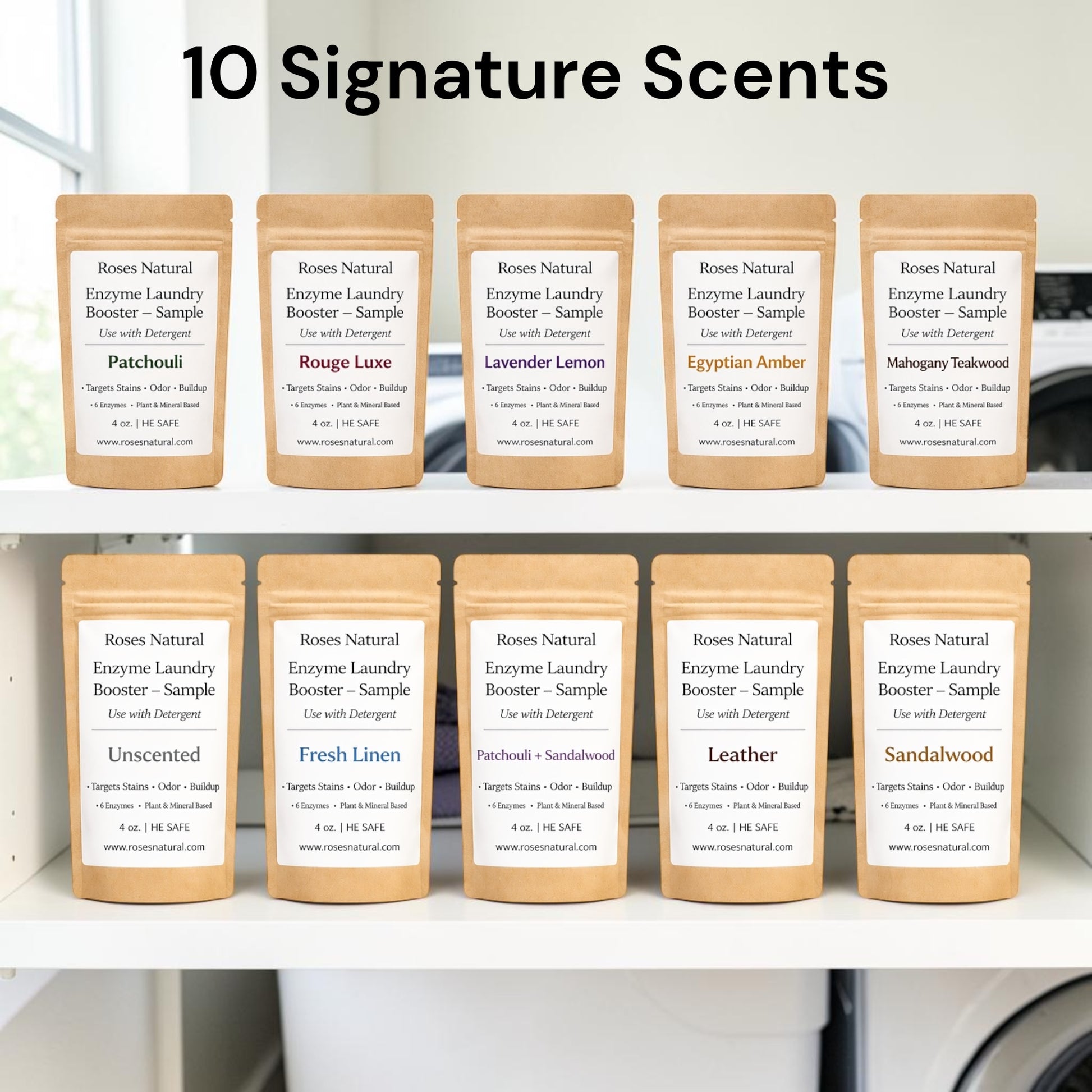 Row of sample packages of Roses Natural Enzyme Laundry Booster with various scents on a shelf.