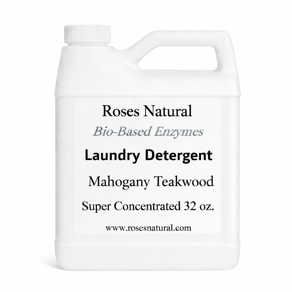 White laundry detergent container with text on a white background Mahogany Teakwood scent