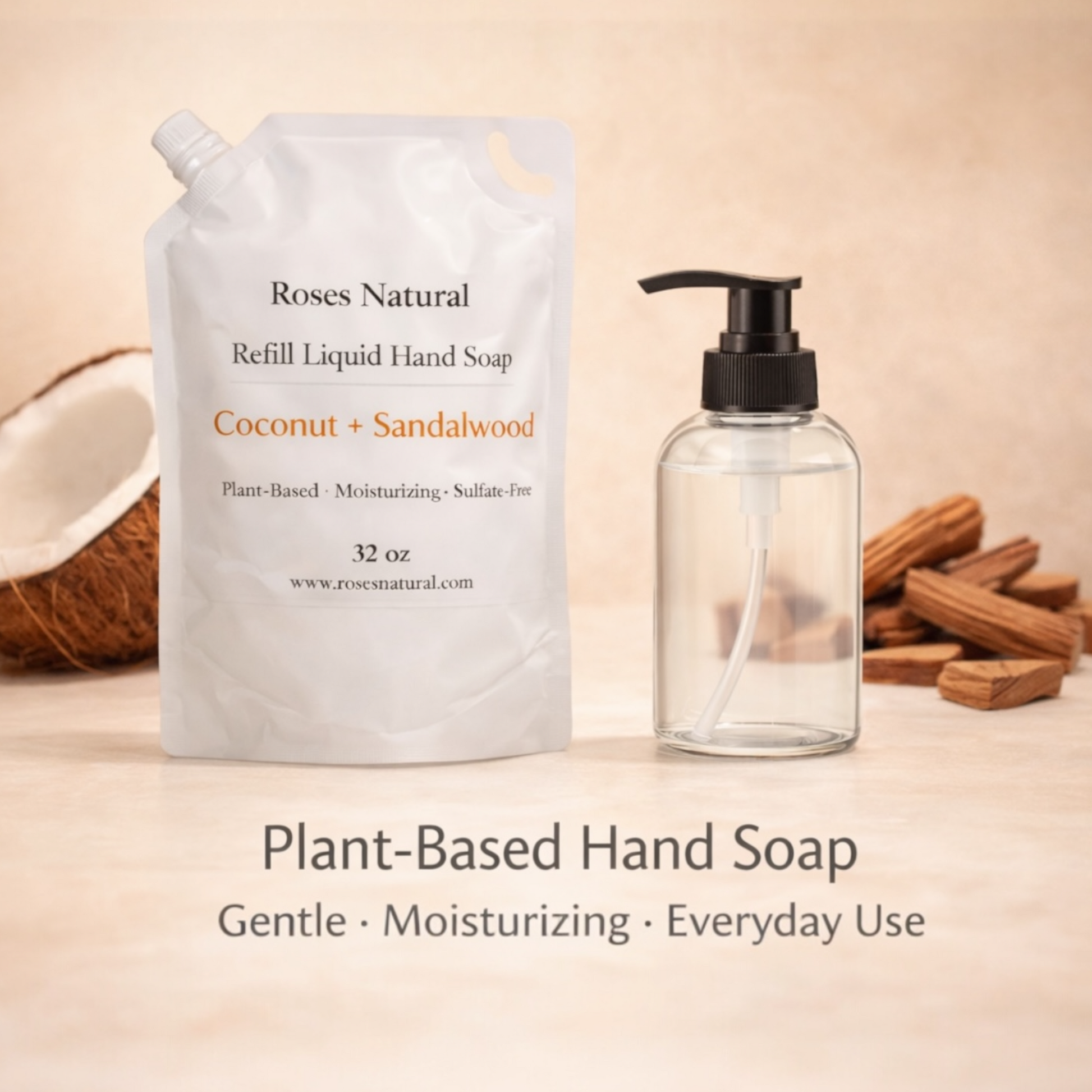 Plant-based hand soap with packaging on a beige background. Coconut Sandalwood scent