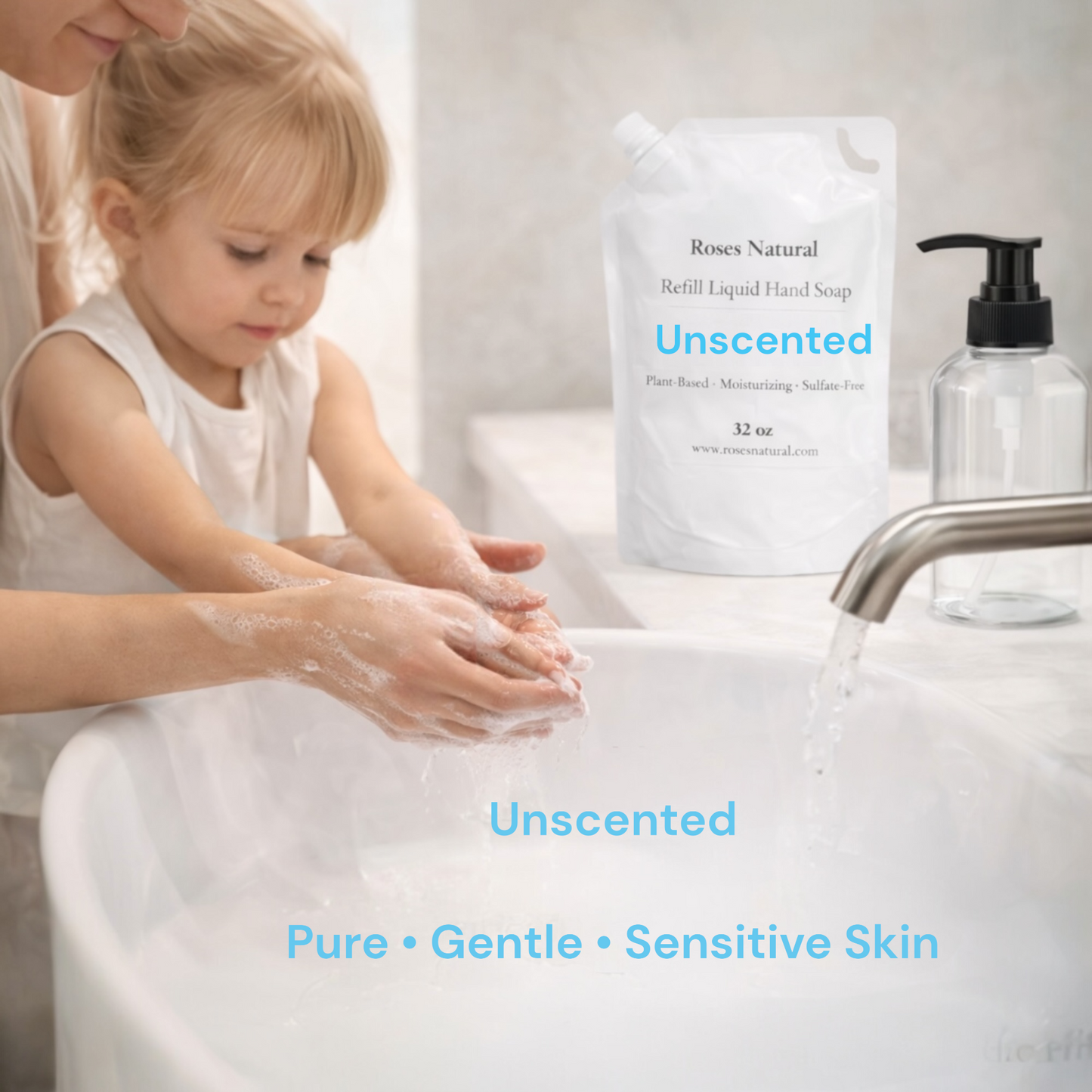 Child washing hands with a bottle of Unscented liquid hand soap in a sink.