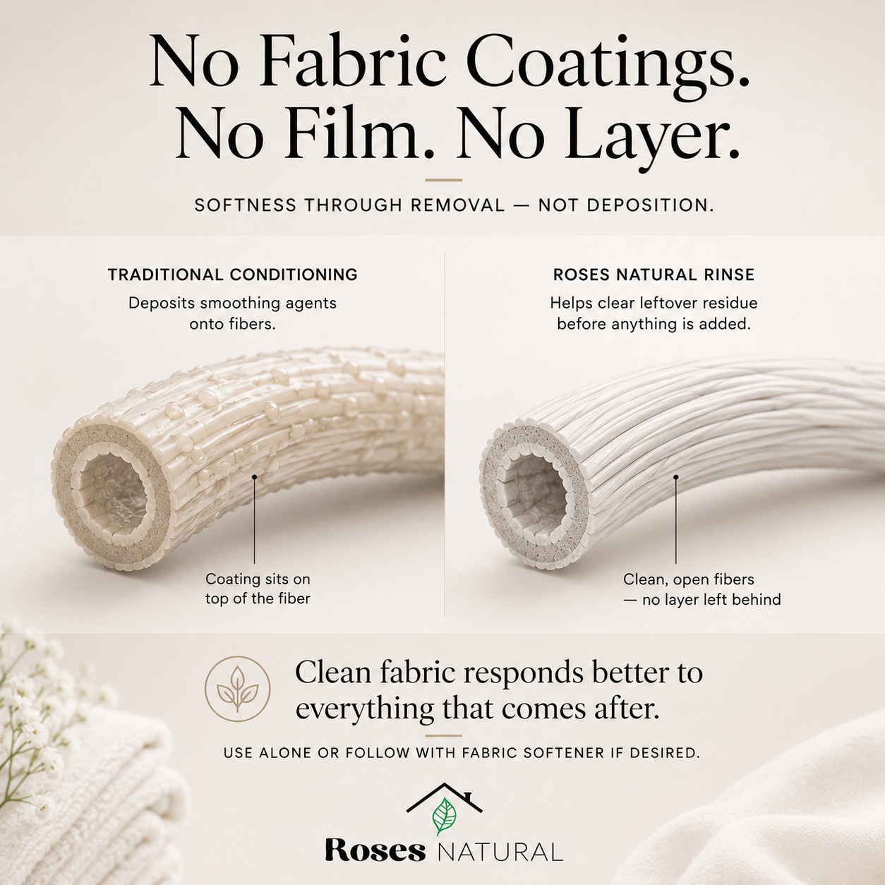 Comparison of traditional conditioning and Roses Natural rinse on fabric fibers with text explaining the difference.
