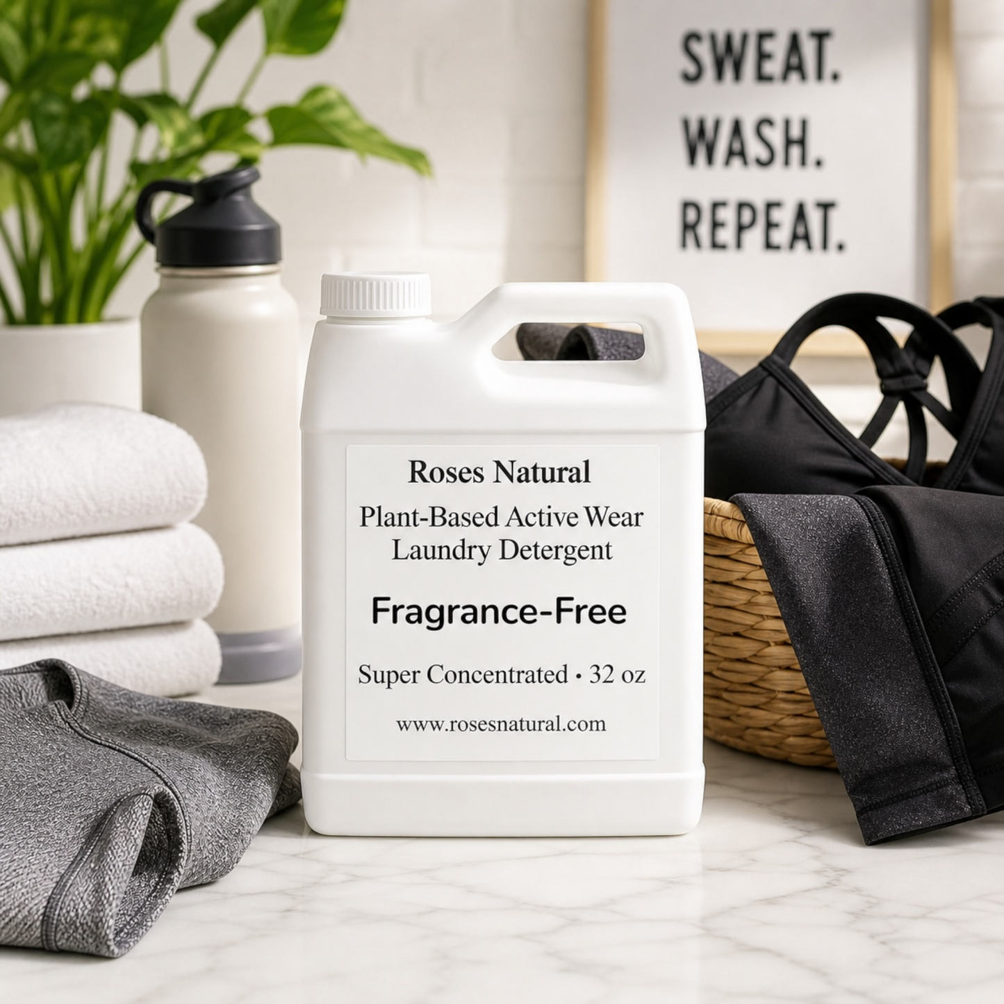 Roses Natural laundry detergent container with athletic wear and a water bottle on a marble surface. Fragrance Free