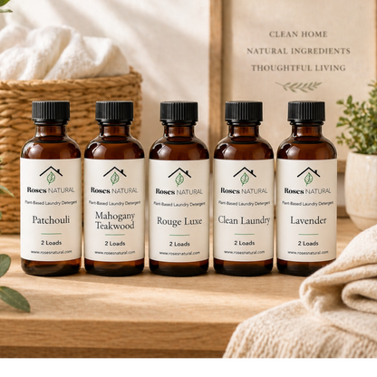 Five bottles of Roses Natural laundry detergent on a wooden surface with a basket and towels in the background.