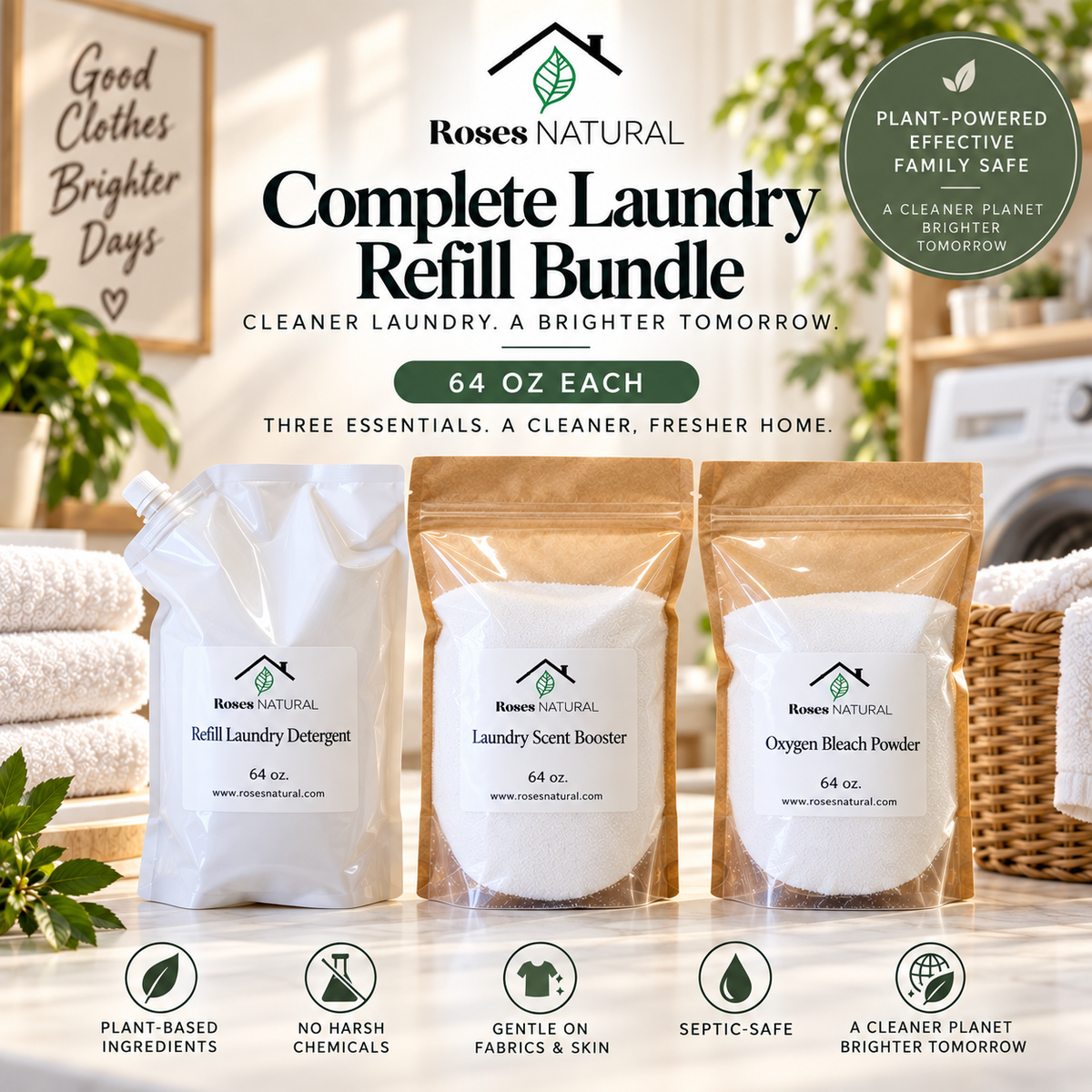 Roses Natural Laundry Bundle — Plant-Based Detergent, Laundry Scent Booster & Oxygen Bleach | 3-Piece Set