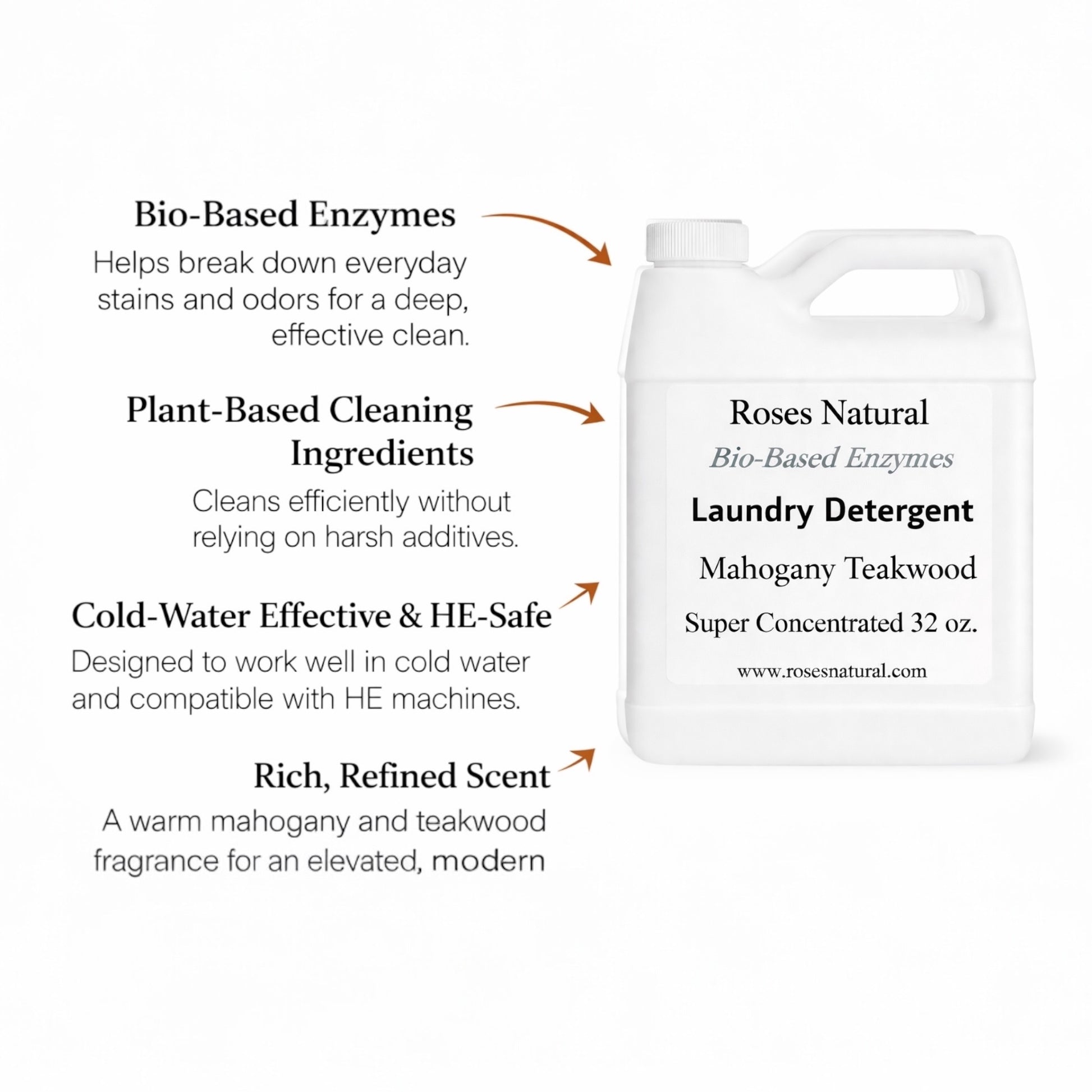 Roses Natural laundry detergent container with product features on a white background Mahogany Teakwood scent 