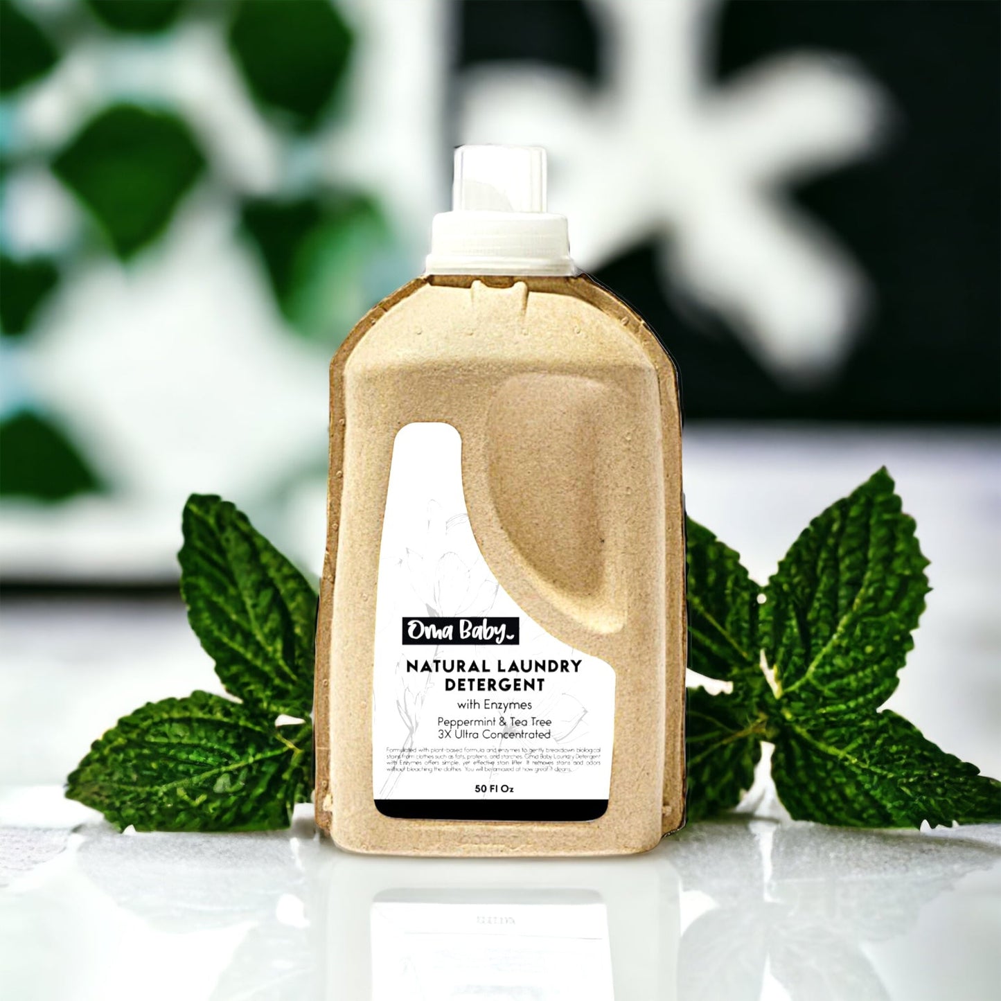 Bamboo bottle of natural laundry detergent with green leaves on a light surface