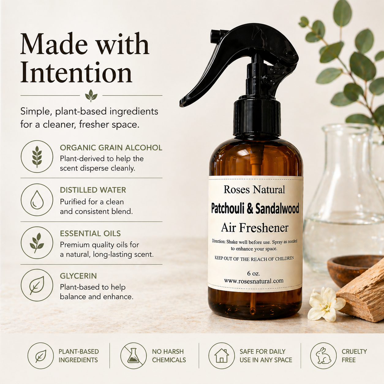 Brown air freshener bottle with label on a light background Roses Natural