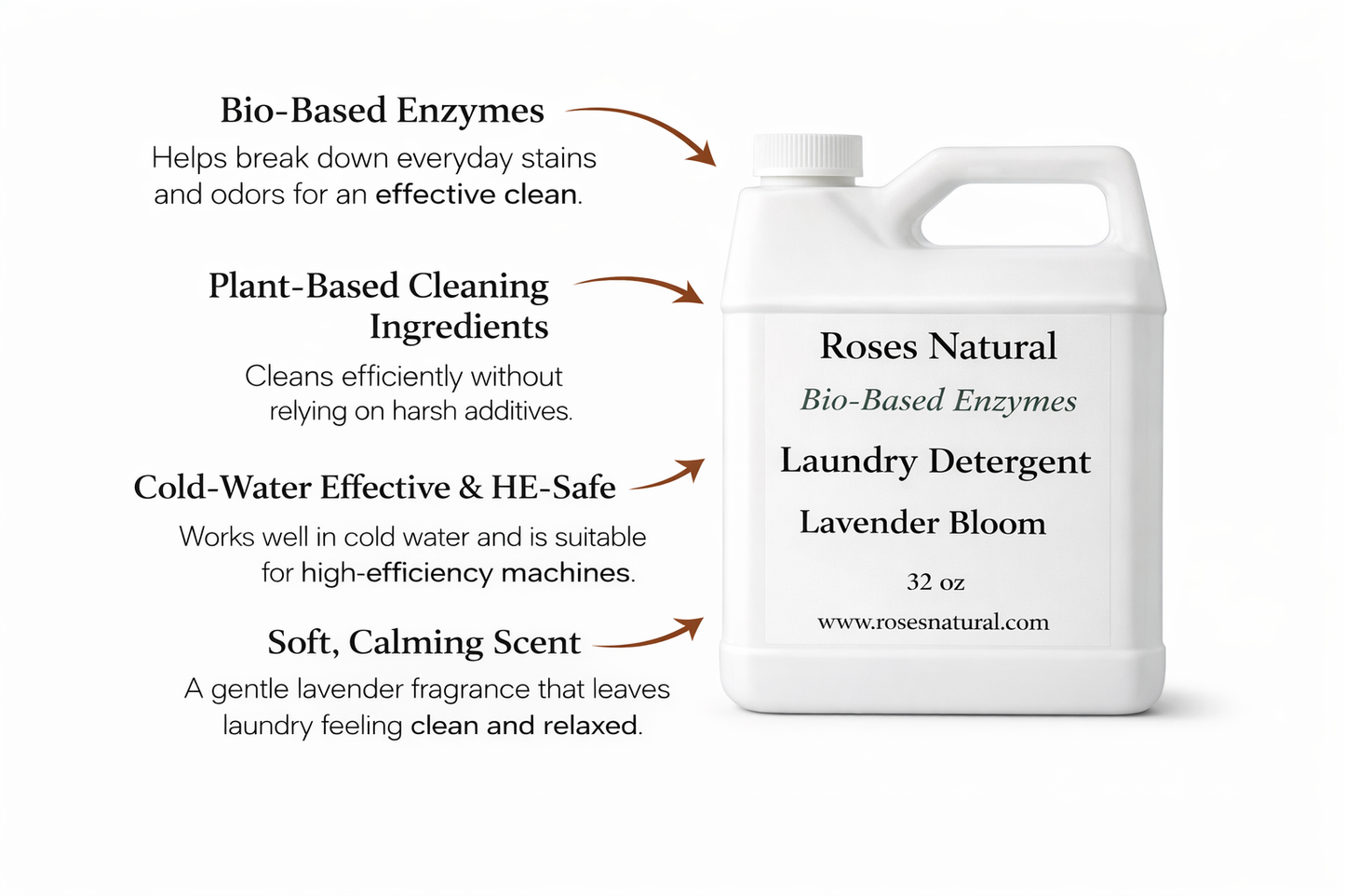 Roses Natural laundry detergent bottle with features listed on a white background