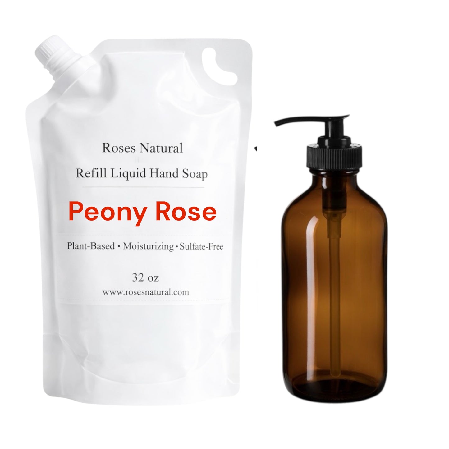 Refill pouch and brown bottle of Peony Rose liquid hand soap on a white background
