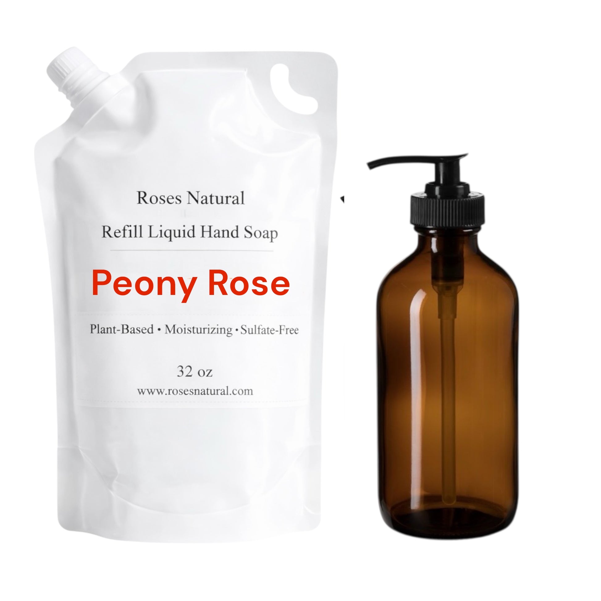 Refill pouch and brown bottle of Peony Rose liquid hand soap on a white background