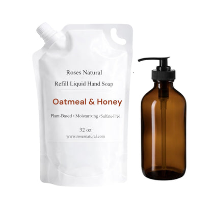Brown glass refill bottle with pump and white pouch labeled 'Roses Natural' on a white background. Oatmeal and Honey