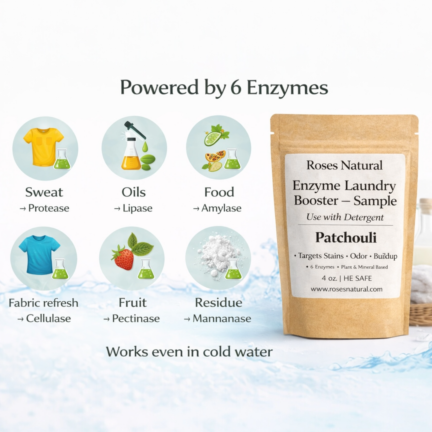 Roses Natural Enzyme Laundry Booster sample package with enzyme types and benefits on a white background