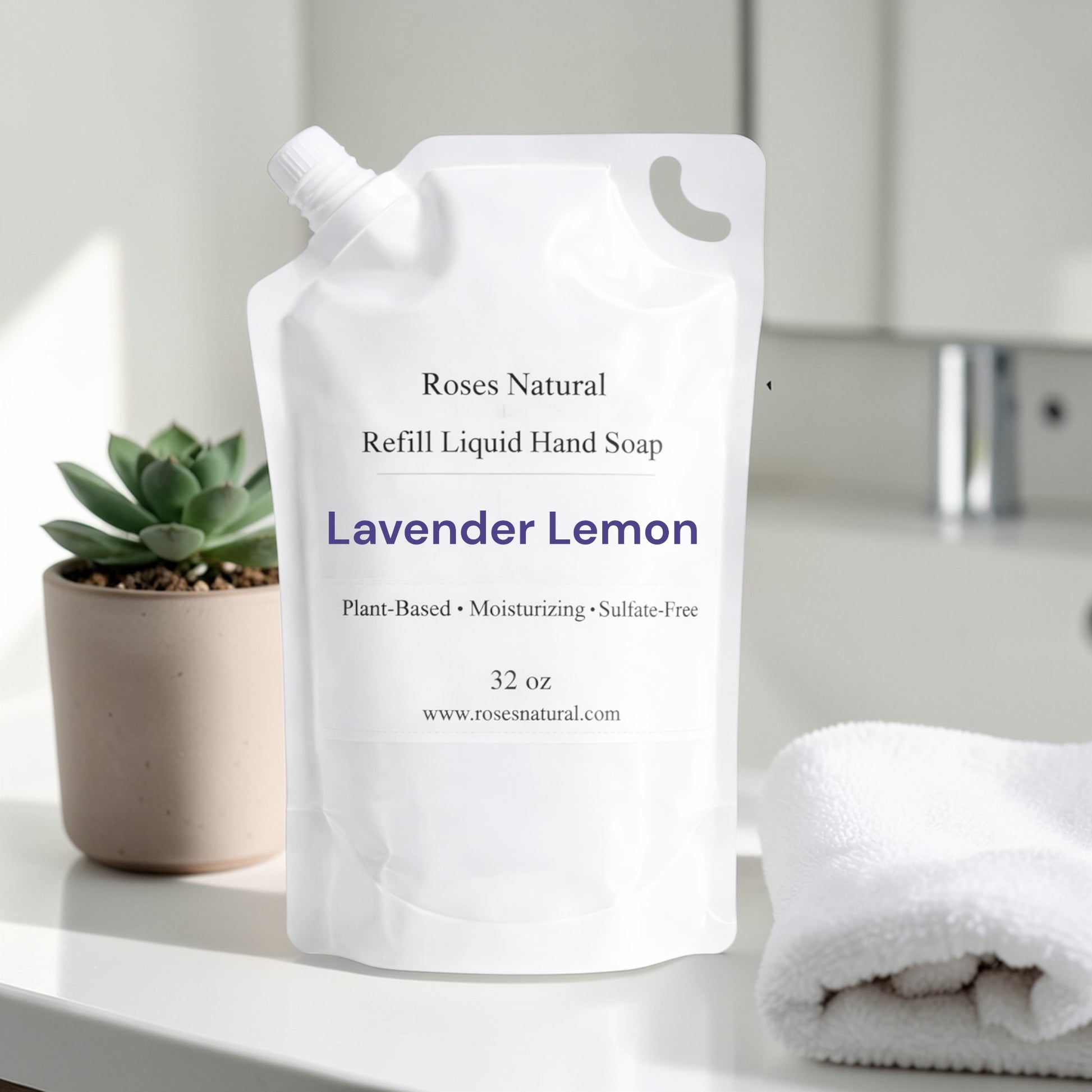 Refill liquid hand soap package labeled 'Roses Natural' on a bathroom counter with a plant and towel in the background. Lavender Lemon