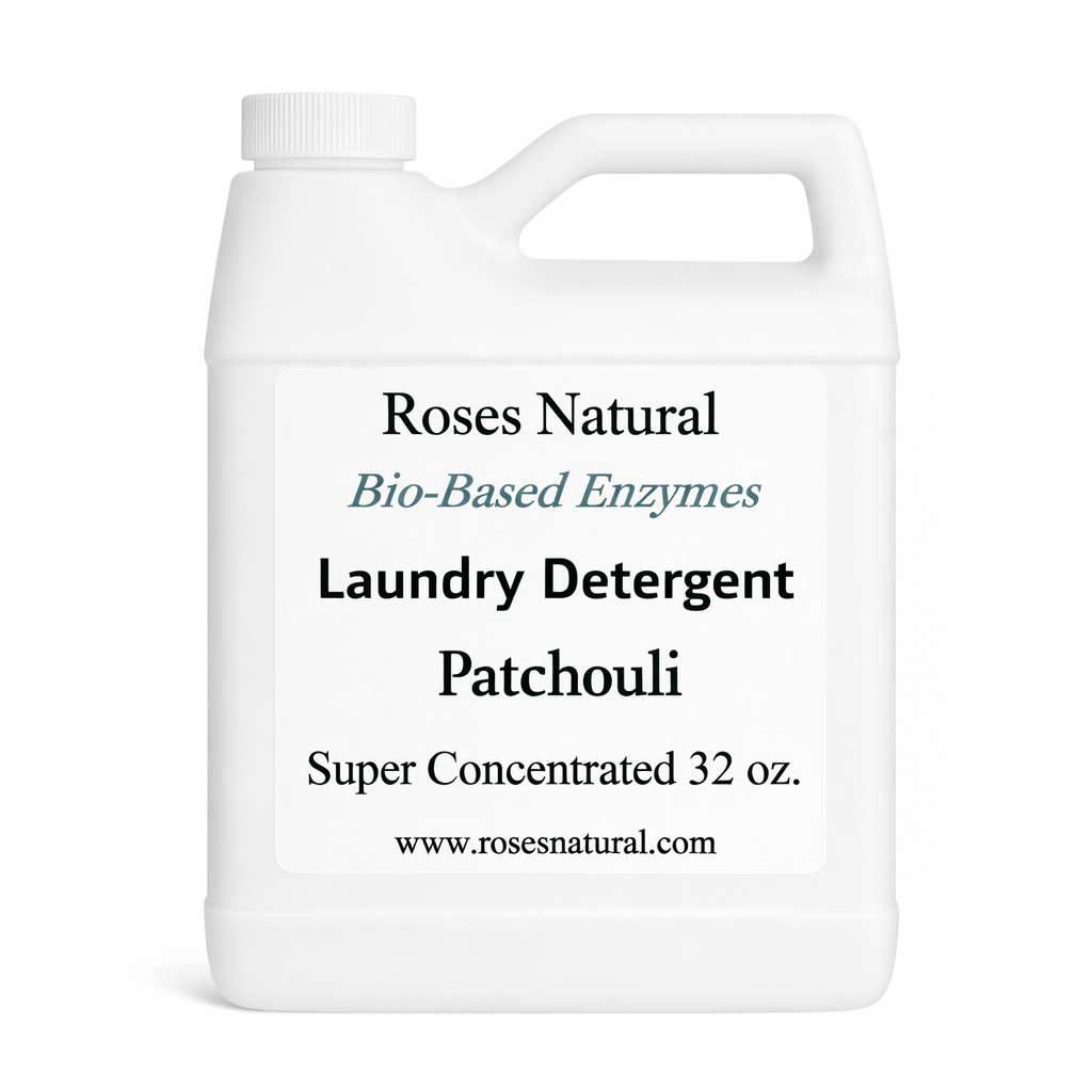 White laundry detergent container with text on a white background Patchouli Scent