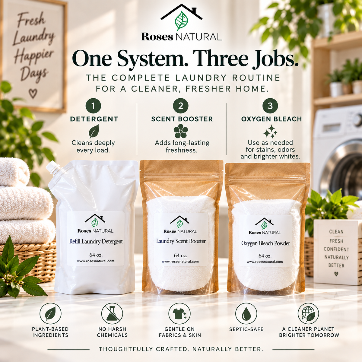 Roses Natural Laundry Bundle — Plant-Based Detergent, Laundry Scent Booster & Oxygen Bleach | 3-Piece Set