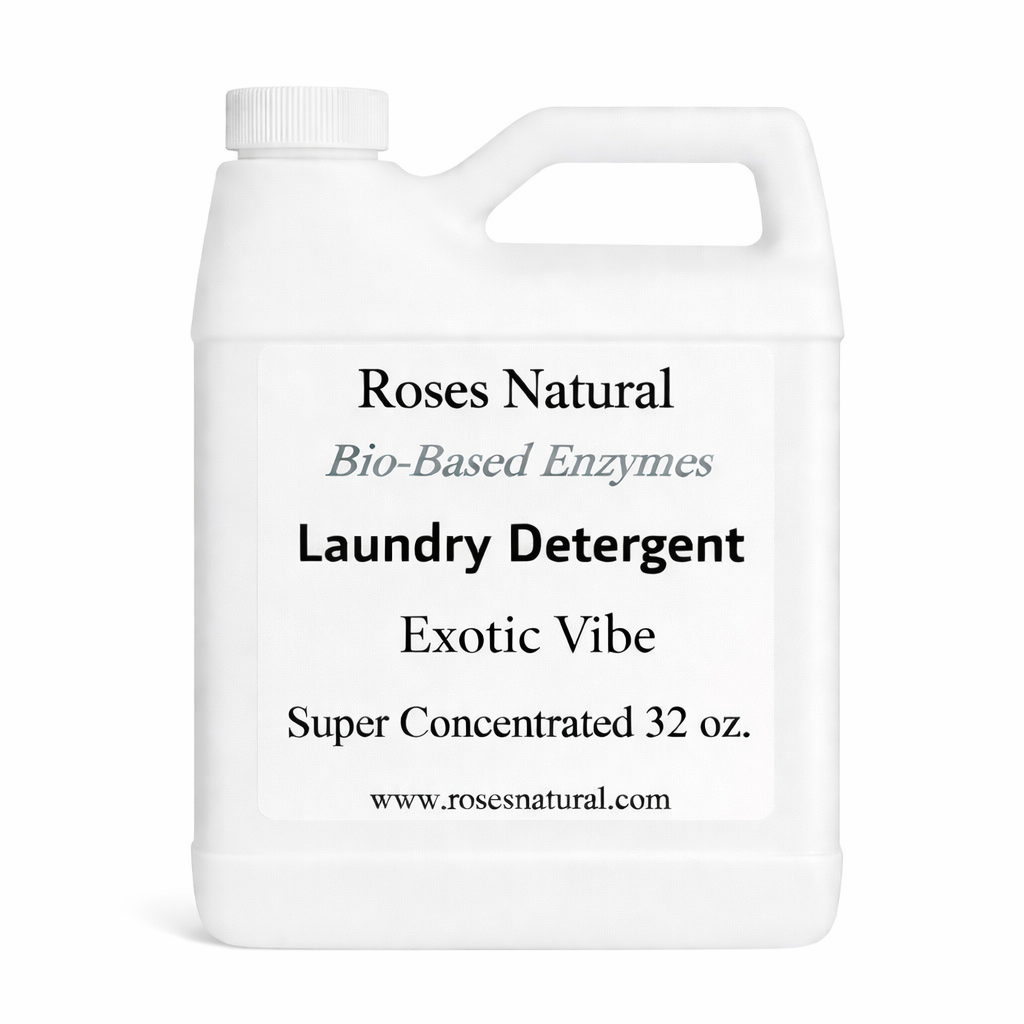 White laundry detergent container with text on a white background Exotic Vibe Scent 