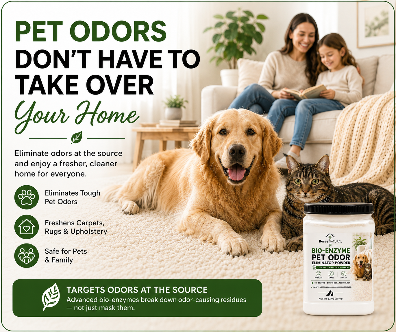 Roses Natural Bio-Enzyme Pet Odor Eliminator Powder