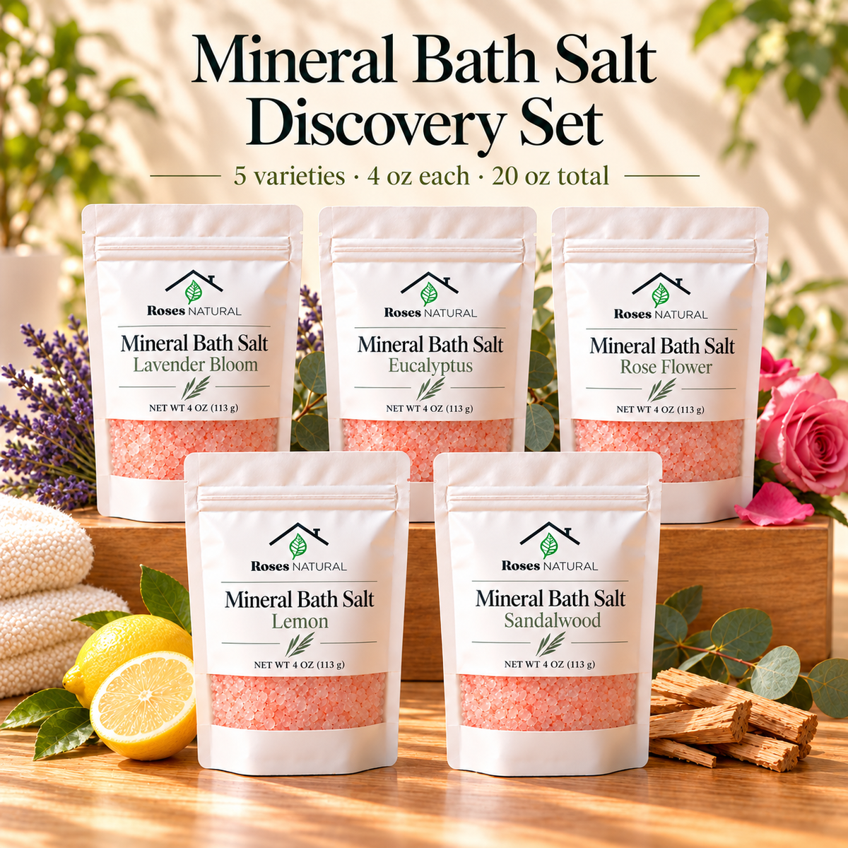 Roses Natural Mineral Bath Salt Discovery Set | 3, 5 or 9 Varieties