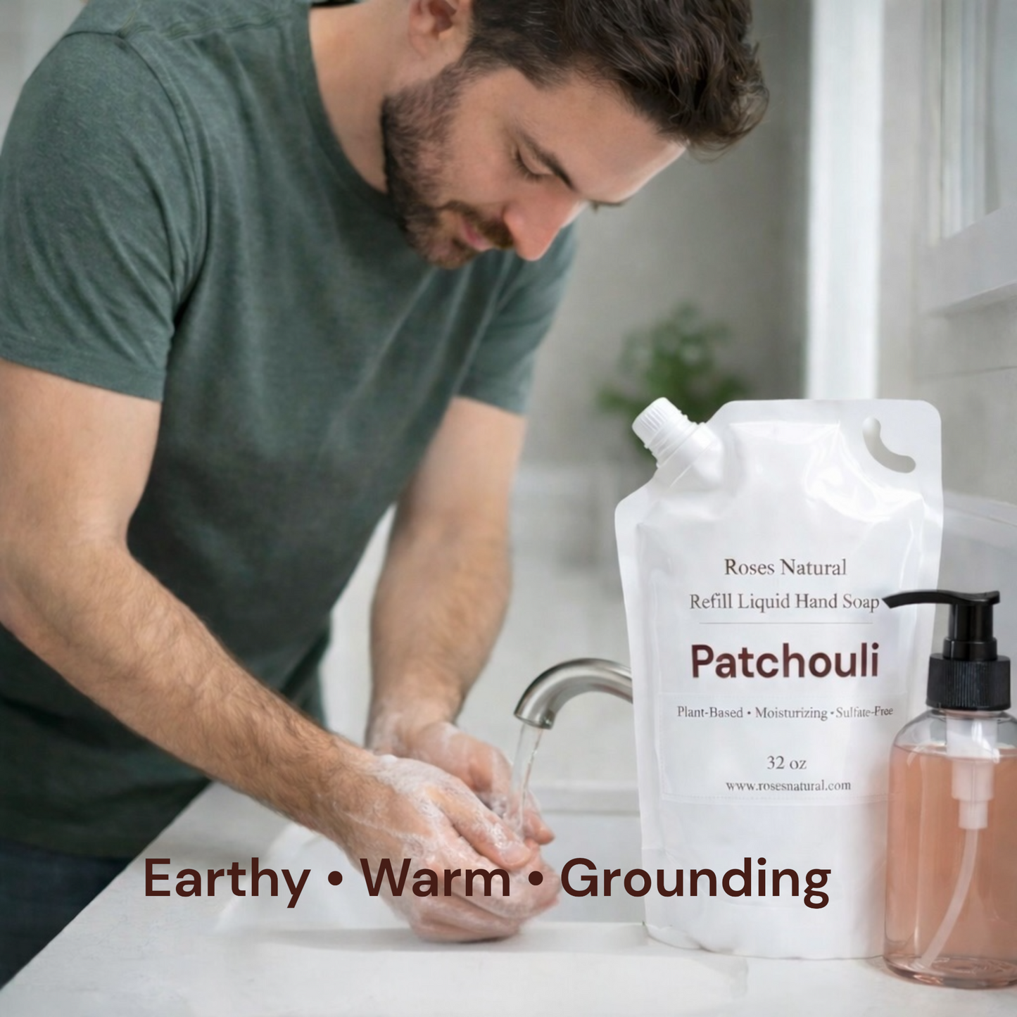 Man washing hands with a bottle of Patchouli liquid hand soap on a bathroom counter.