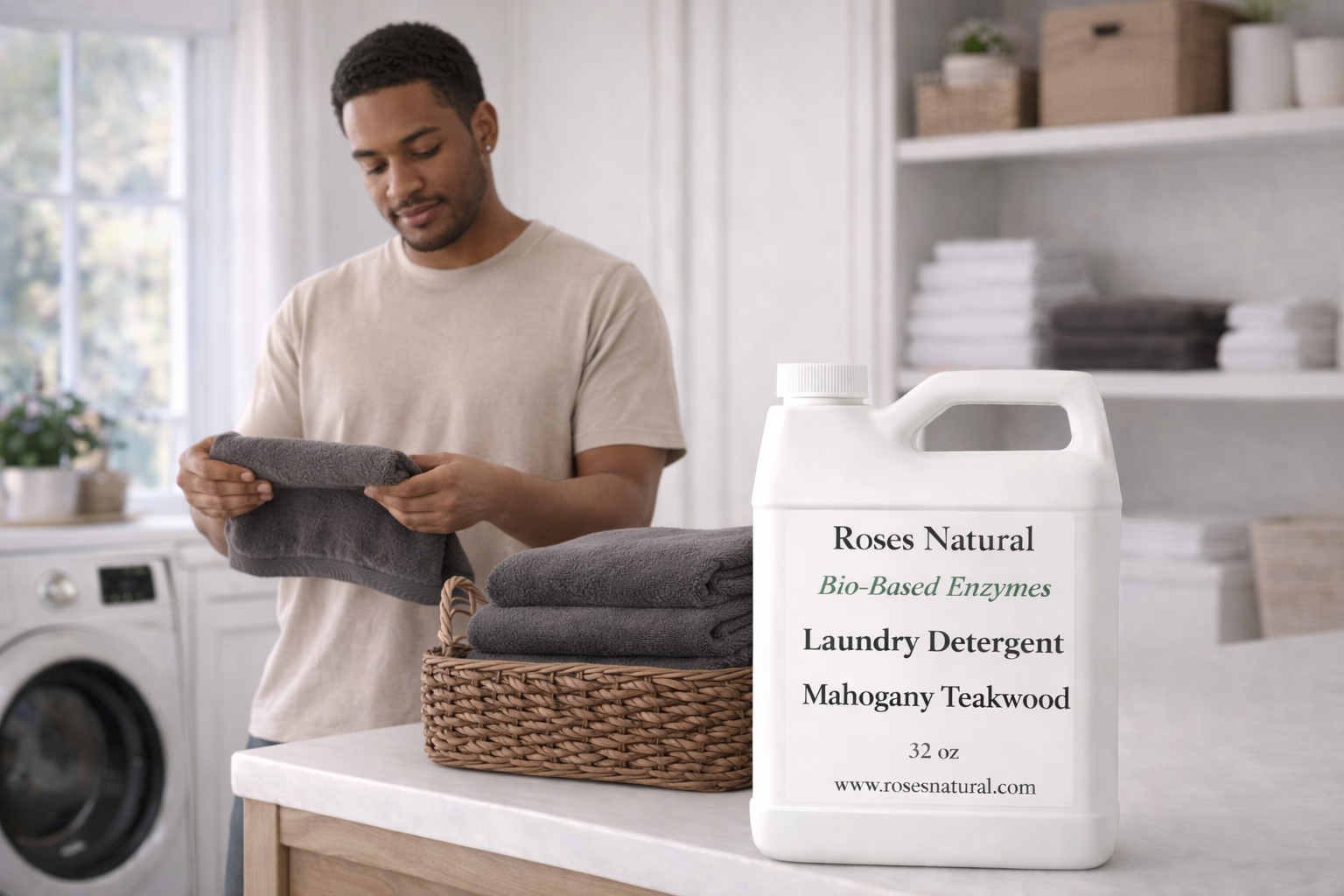 Man folding laundry next to a container of Roses Natural laundry detergent in a laundry room.