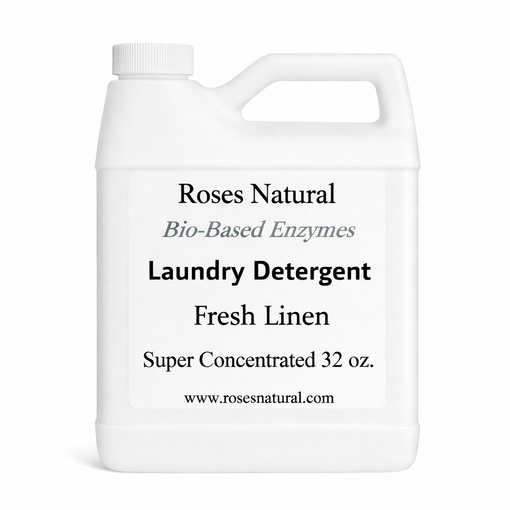 White laundry detergent container with text on a white background Fresh Linen Scent