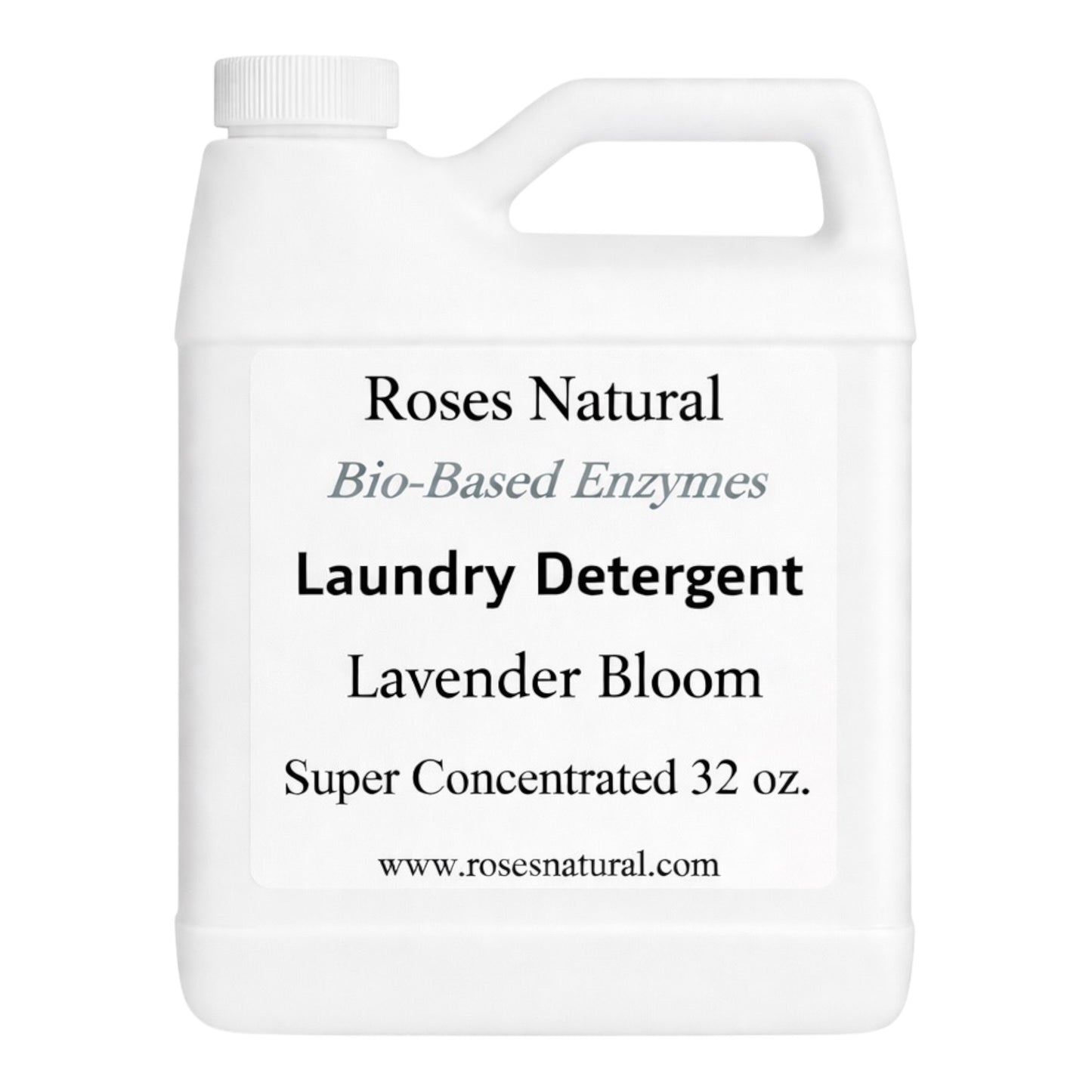 White bottle of Roses Natural laundry detergent with lavender bloom scent on a white background