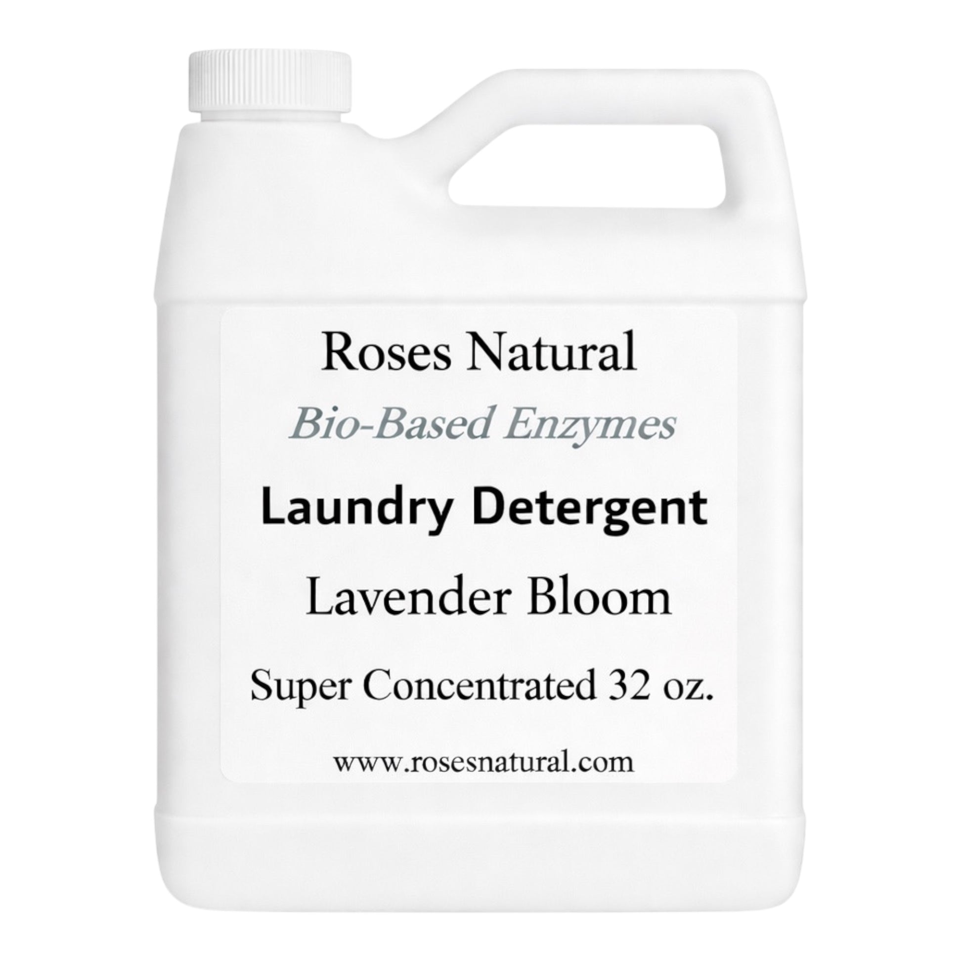 White bottle of Roses Natural laundry detergent with lavender bloom scent on a white background