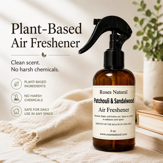 Brown spray bottle of Roses Natural Patchouli & Sandalwood Air Freshener on a light background