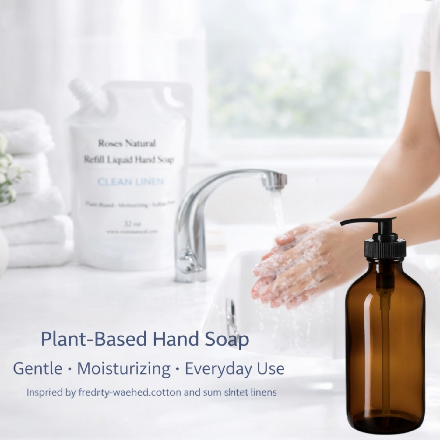 Person washing hands with plant-based hand soap, surrounded by towels and a bottle of soap.