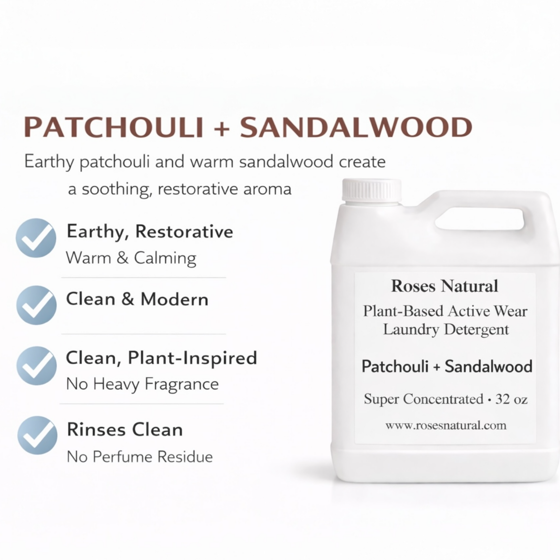 Roses Natural laundry detergent bottle with patchouli and sandalwood scent on a white background