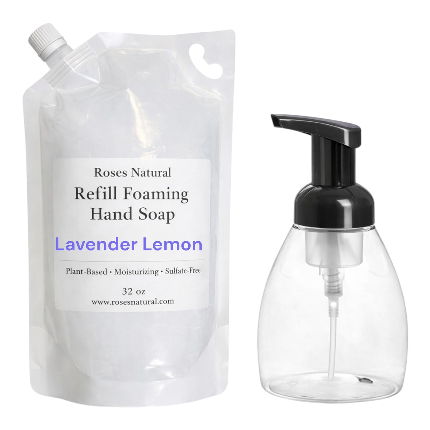 Roses Natural Refillable foam hand soap system with pump bottle and lavender lemon refill pouch on a white background