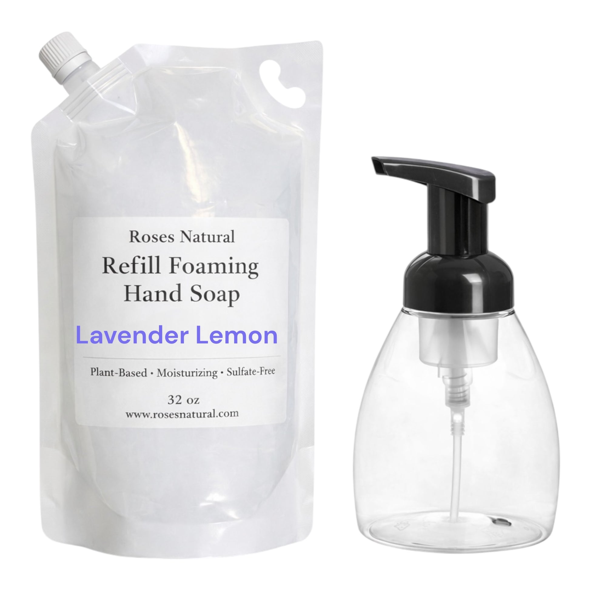 Roses Natural Refillable foam hand soap system with pump bottle and lavender lemon refill pouch on a white background