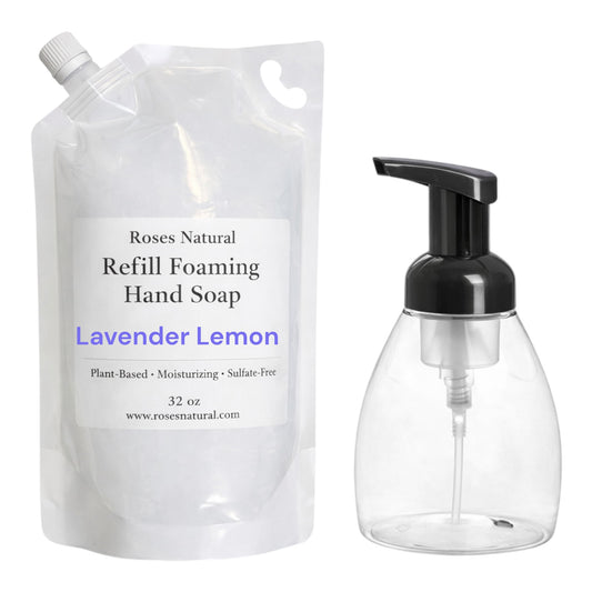 Roses Natural Refillable foam hand soap system with pump bottle and lavender lemon refill pouch on a white background