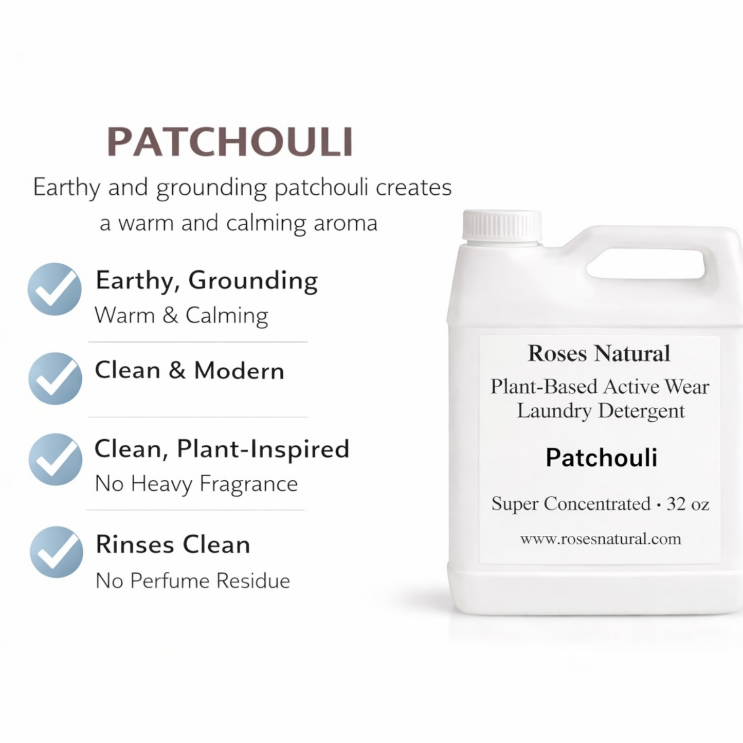 Roses Natural Plant-Based Active Wear Laundry Detergent bottle with patchouli scent on a white background