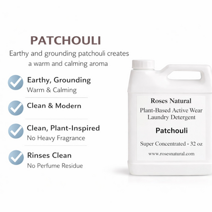 Roses Natural Plant-Based Active Wear Laundry Detergent bottle with patchouli scent on a white background