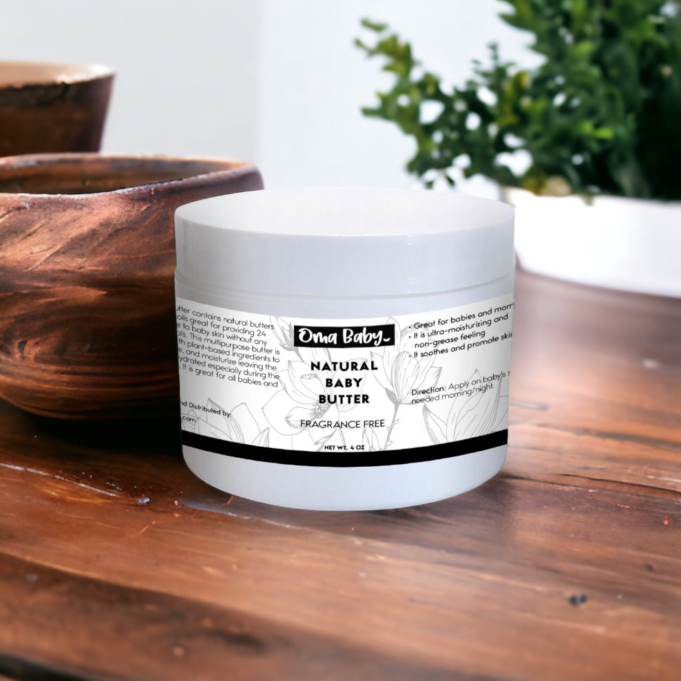 Jar of Dr. Brown's Natural Baby Butter on a wooden surface with a plant in the background