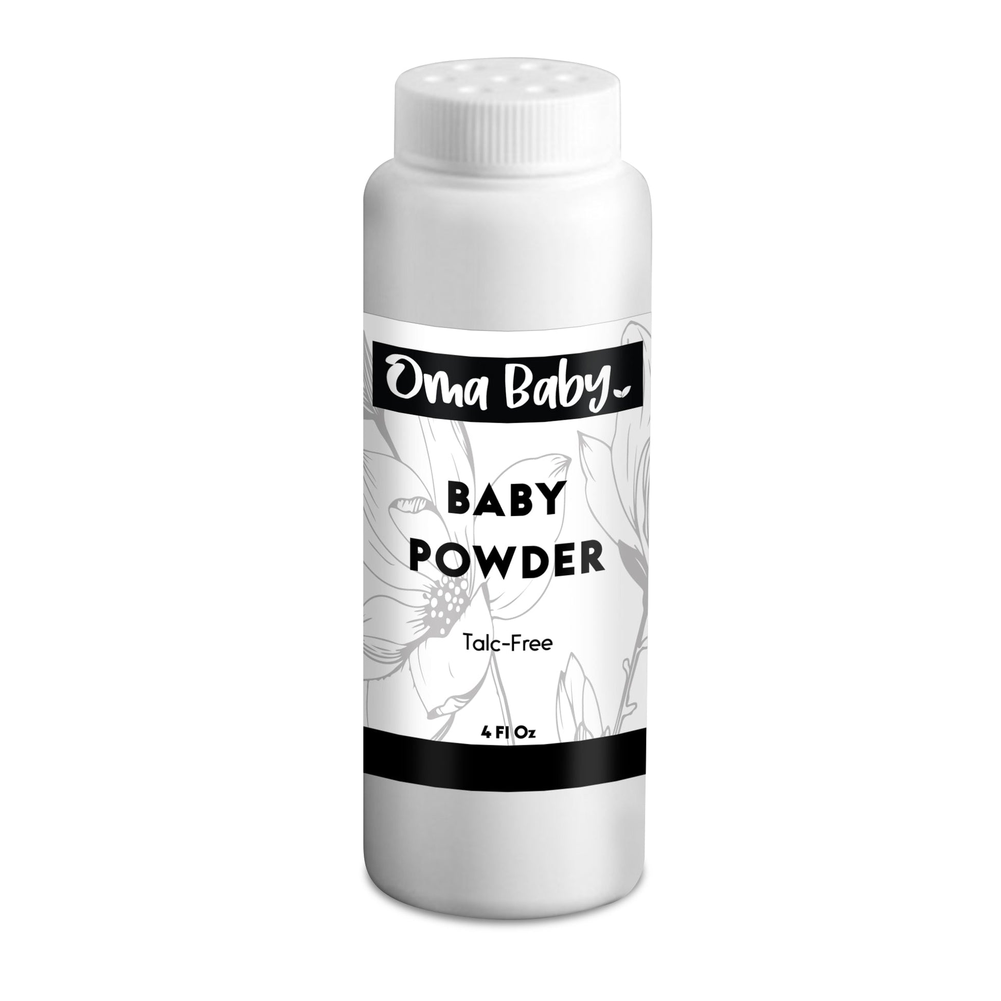 White bottle of Oma Baby baby powder on a white background