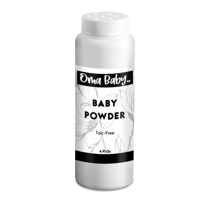 White bottle of Oma Baby baby powder on a white background