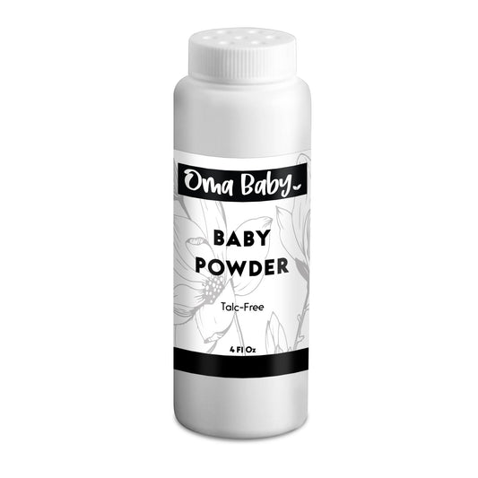 White bottle of Oma Baby baby powder on a white background