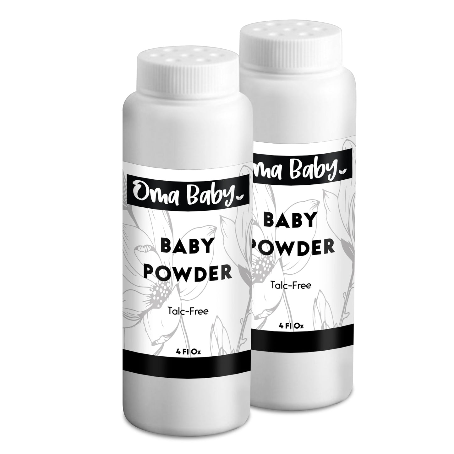 Two bottles of Oma Baby baby powder on a white background
