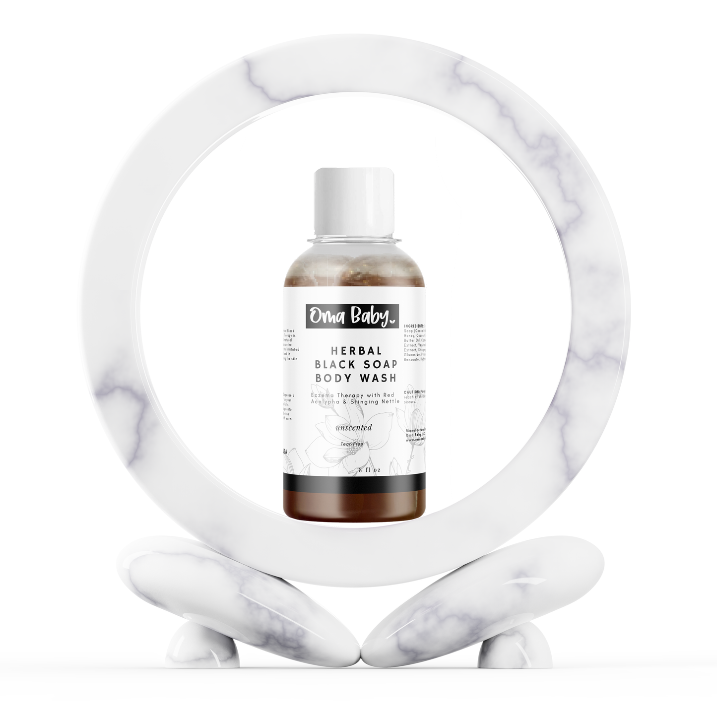 Bottle of herbal black soap body wash with a marble effect background