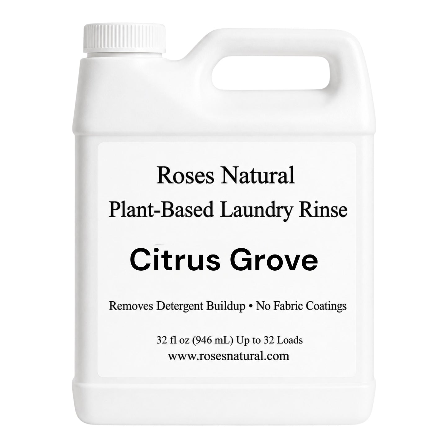 White bottle of Roses Natural Plant-Based Laundry Rinse with 'Citrus Grove' scent on a white background