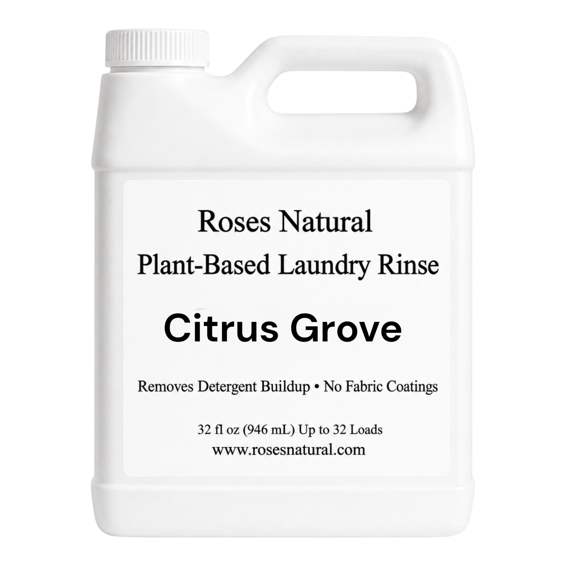 White bottle of Roses Natural Plant-Based Laundry Rinse with 'Citrus Grove' scent on a white background