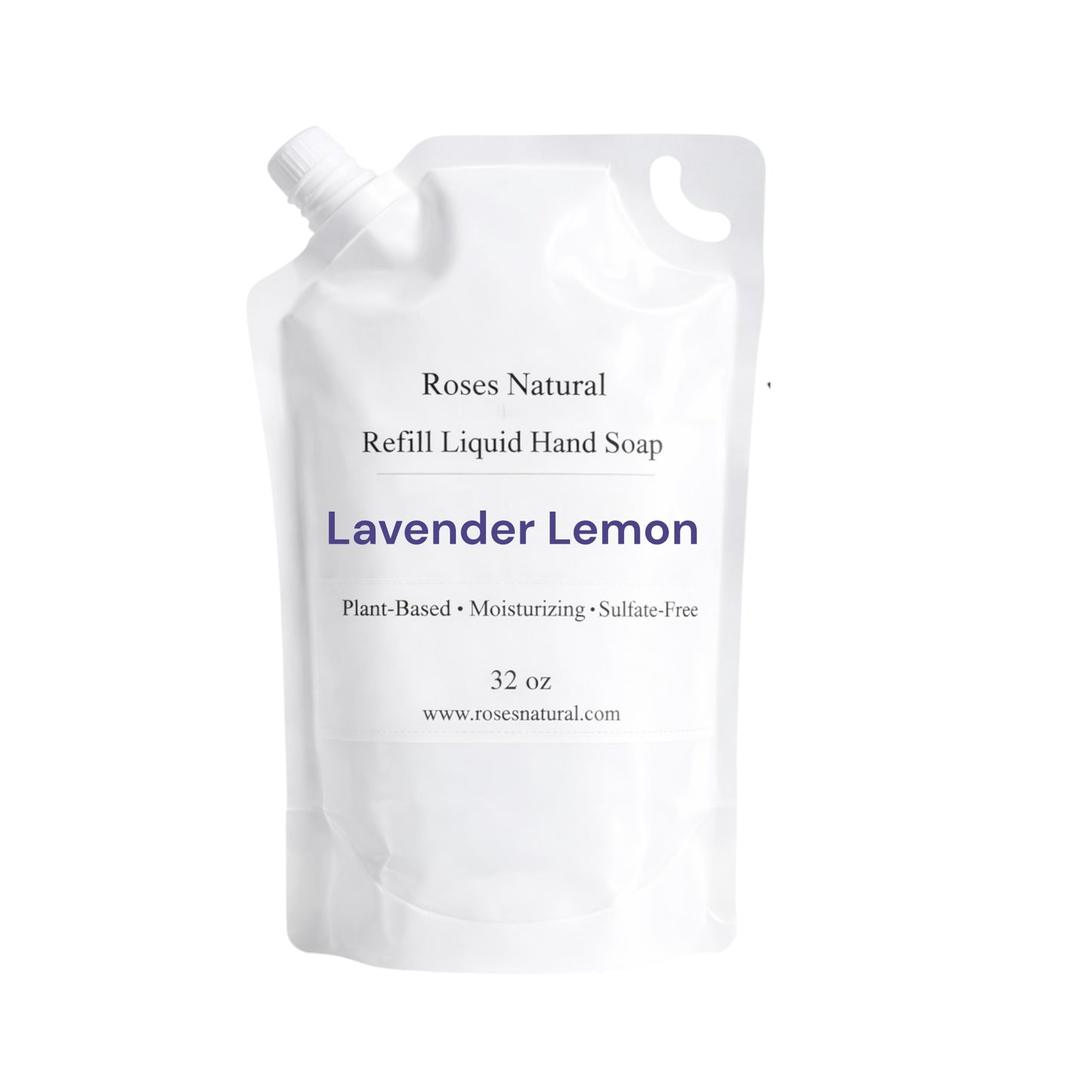 Refill pouch of Lavender Lemon liquid hand soap by Roses Natural on a white background