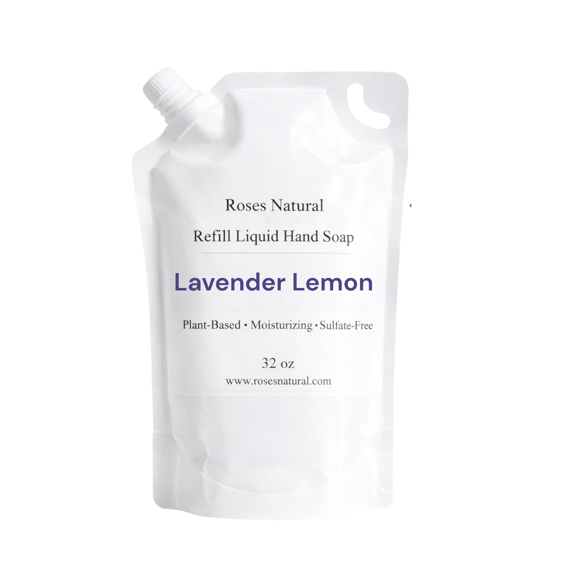 Refill pouch of Lavender Lemon liquid hand soap by Roses Natural on a white background