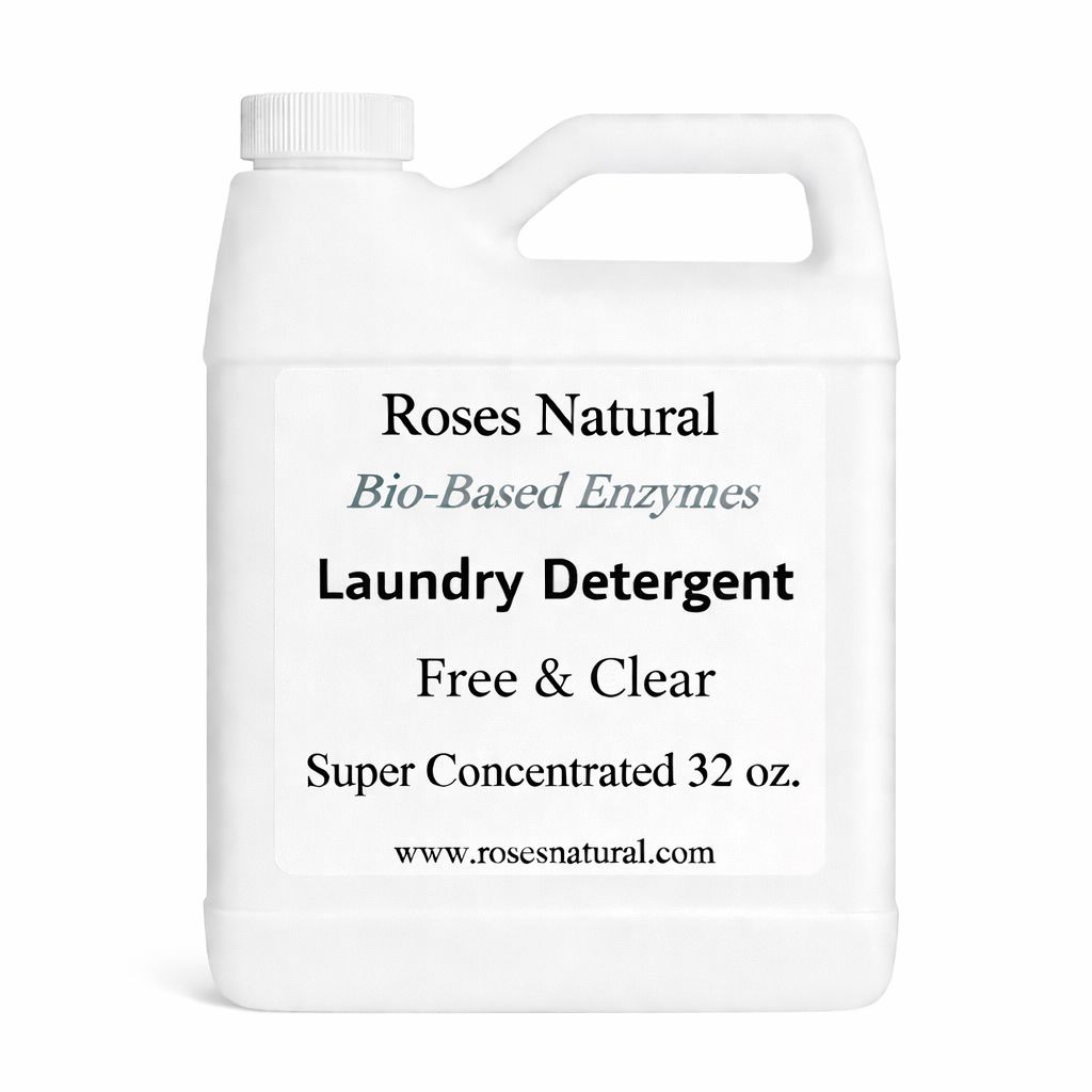 White laundry detergent container with text on a white background Roses Natural Free & Clear